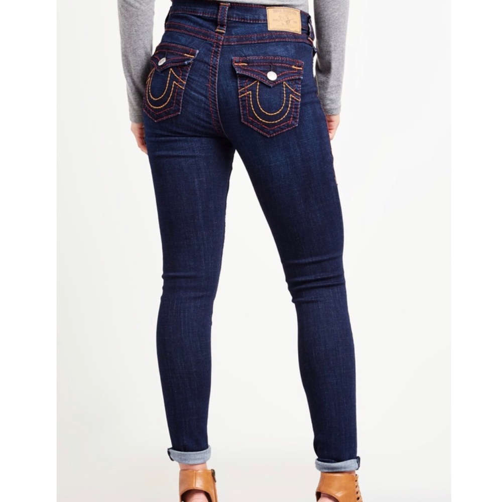 NWT True Religion Dark Blue Hi-Rise Big T Super Skinny Flap Pocket Womens Sz 30 - Picture 2 of 5